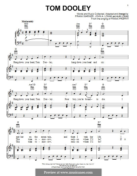Tom Dooley (Kingston Trio): For voice and piano (or guitar) by Alan Lomax, John A. Lomax, Frank Warner