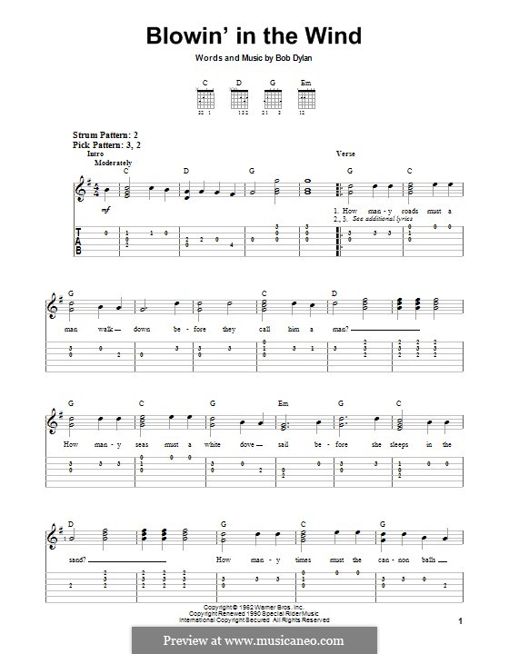 Blowin' in the Wind: For guitar with tab by Bob Dylan