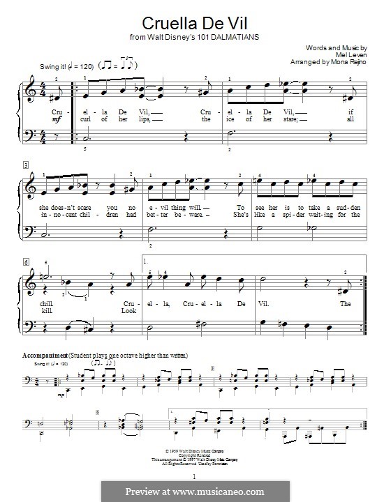 Cruella de Vil (from 101 Dalmatians): For piano by Mel Leven