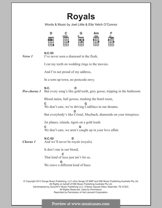 Royals (Lorde): For ukulele by Ella Yelich-O'Connor, Joel Little