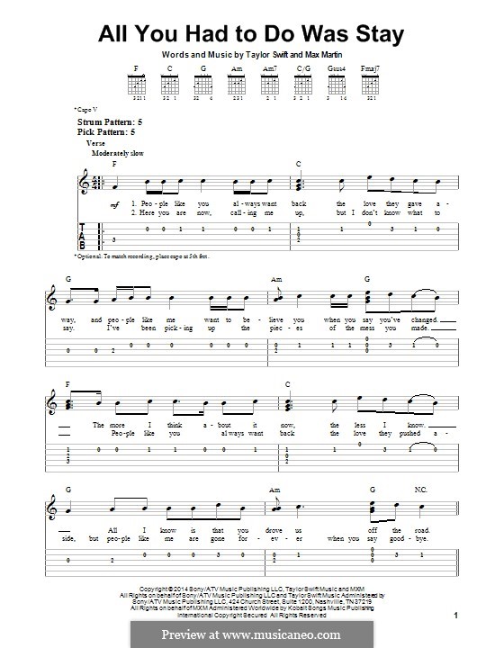 All You Had to do Was Stay: For guitar with tab by Max Martin, Taylor Swift