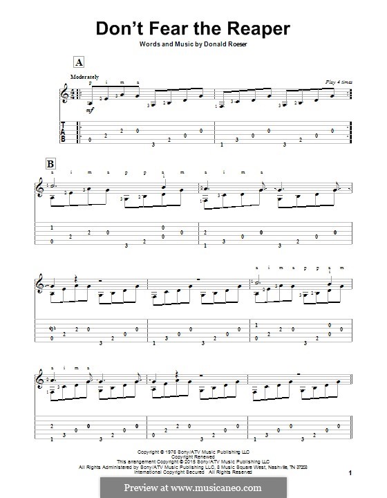 Don't Fear The Reaper (Blue Oyster Cult): For guitar with tab by Donald Roeser