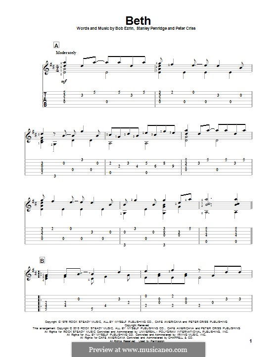 Beth: For guitar with tab by Bob Ezrin, Peter Criss, Stan Penridge