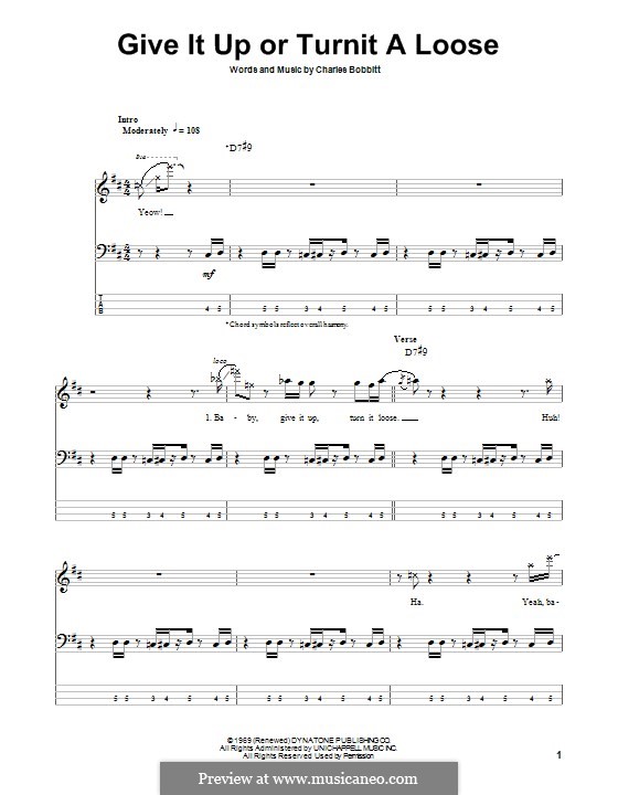 Give It Up or Turnit a Loose (James Brown): For bass guitar with tab by Charles Bobbitt