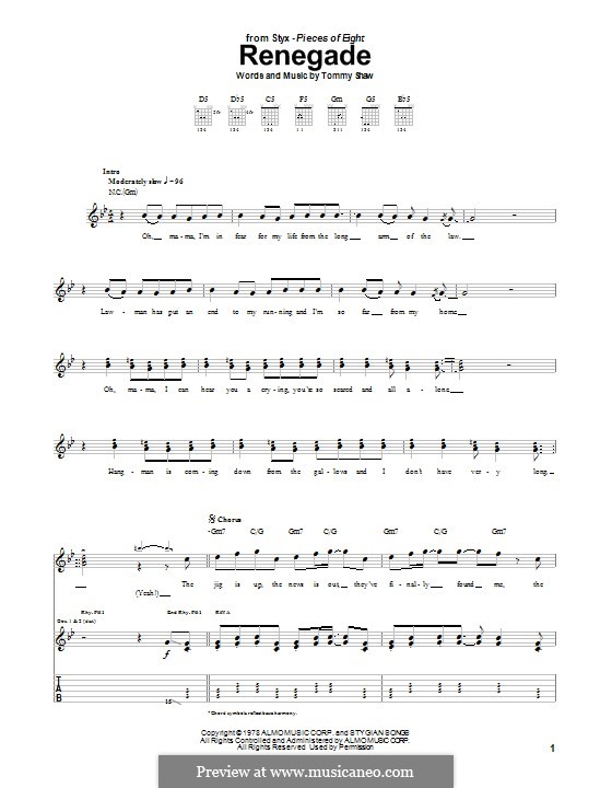 Renegade (Styx): For guitar with tab by Tommy Shaw