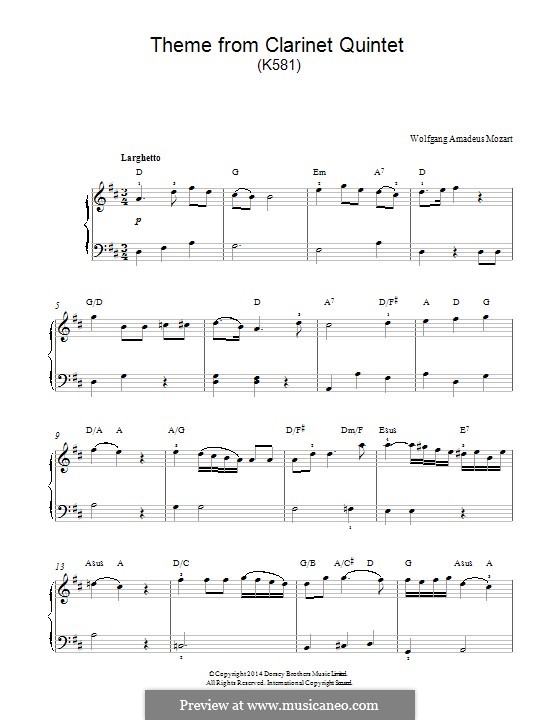 Quintet for Clarinet and Strings in A Major, K.581: Movement II, for easy piano (fragment) by Wolfgang Amadeus Mozart