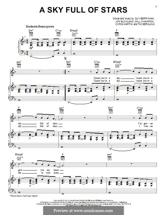 A Sky Full of Stars (Coldplay): For voice and piano (or guitar) D Minor by Chris Martin, Guy Berryman, Jonny Buckland, Avicii, Will Champion