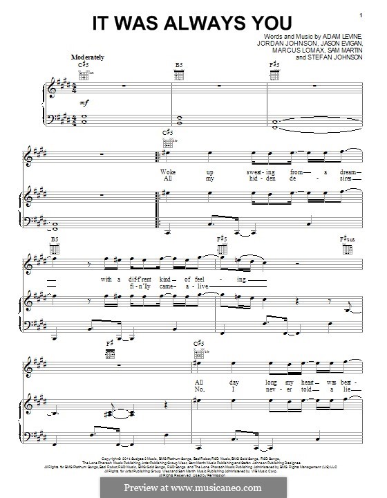 It Was Always You (Maroon 5): For voice and piano (or guitar) by Adam Levine, Sam Martin, Jason Evigan, Marcus Lomax, Stefan Johnson, Jordan Johnson