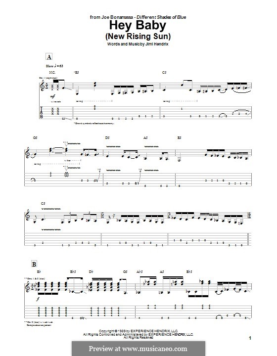 Hey Baby (New Rising Sun): For guitar with tab by Jimi Hendrix