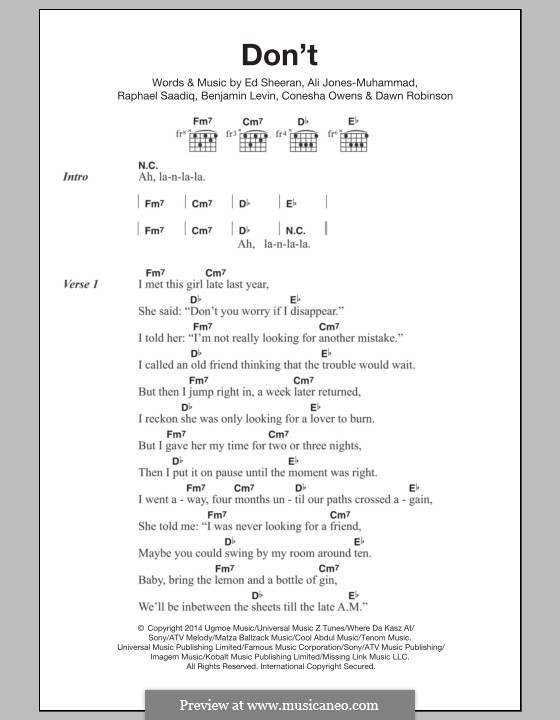 Don't: Lyrics and chords by Ed Sheeran, Ali Jones-Muhammad, Benjamin Levin, Raphael Saadiq, Conesha Owens, Dawn Robinson