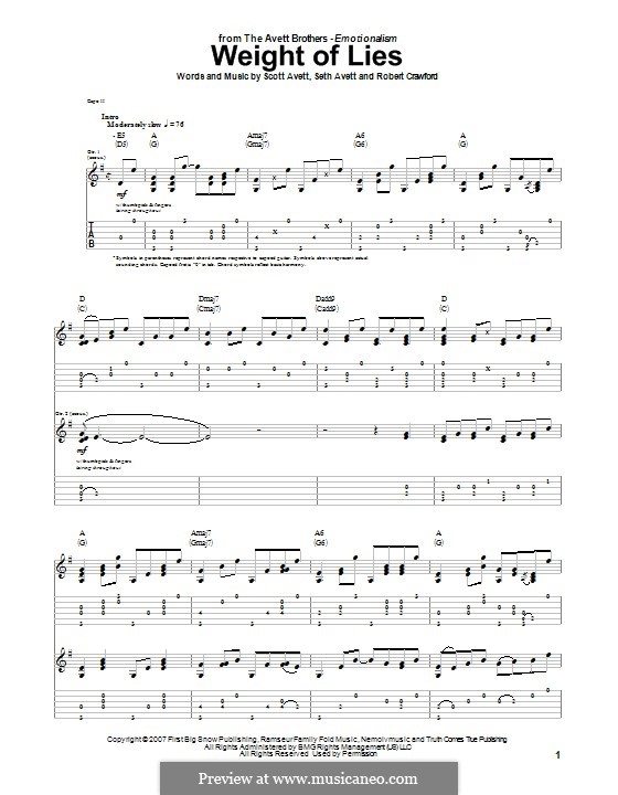 Weight of Lies (The Avett Brothers): For guitar with tab by Scott Avett, Robert Crawford, Timothy Avett