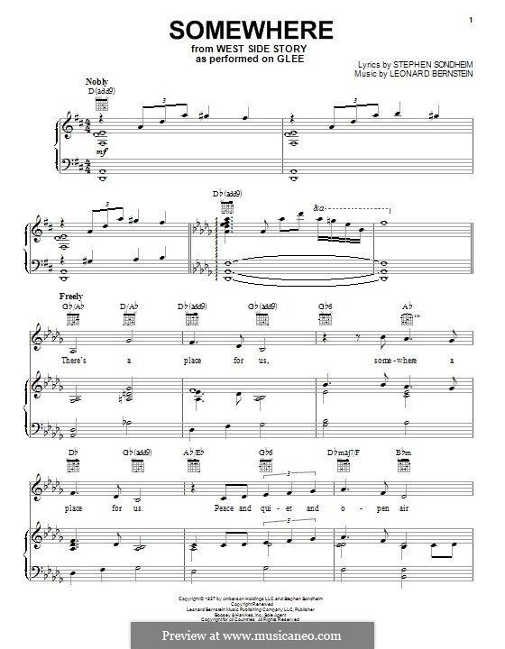 Somewhere (from West Side Story): For voice and piano (or guitar) by Leonard Bernstein