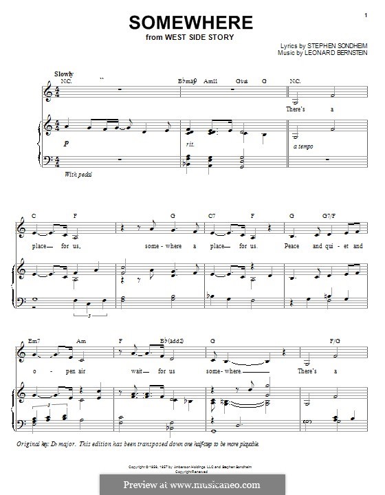 Somewhere (from West Side Story): For voice and piano (or guitar) by Leonard Bernstein