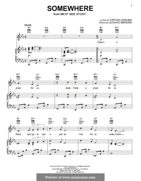 Somewhere (from West Side Story): For voice and piano (or guitar) by Leonard Bernstein
