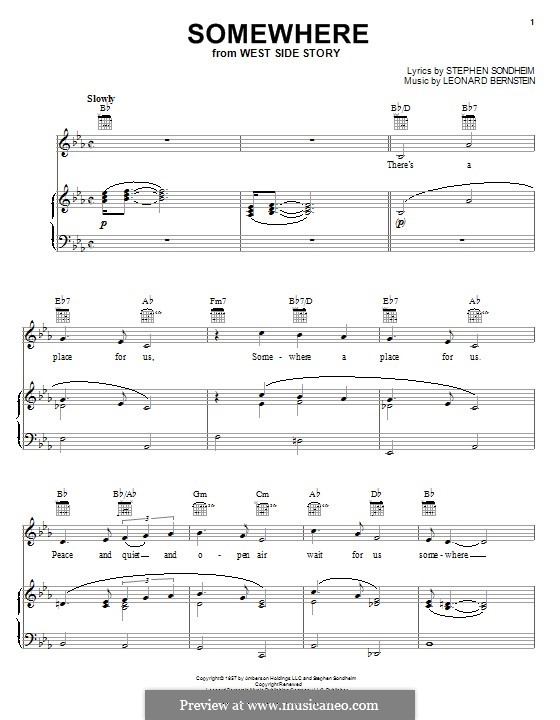 Somewhere (from West Side Story): For voice and piano (or guitar) by Leonard Bernstein