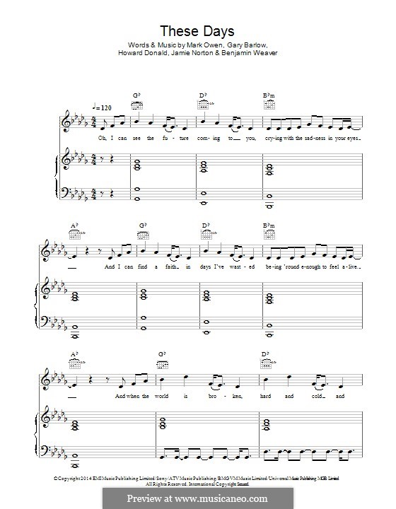 These Days (Take That): For voice and piano (or guitar) by Gary Barlow, Howard Donald, Jamie Norton, Mark Owen, Benjamin Weaver