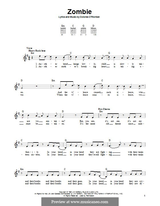 Zombie (The Cranberries) by D. O'Riordan - sheet music on MusicaNeo