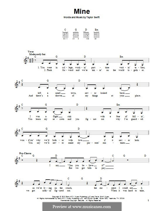 Mine: For guitar with tab by Taylor Swift