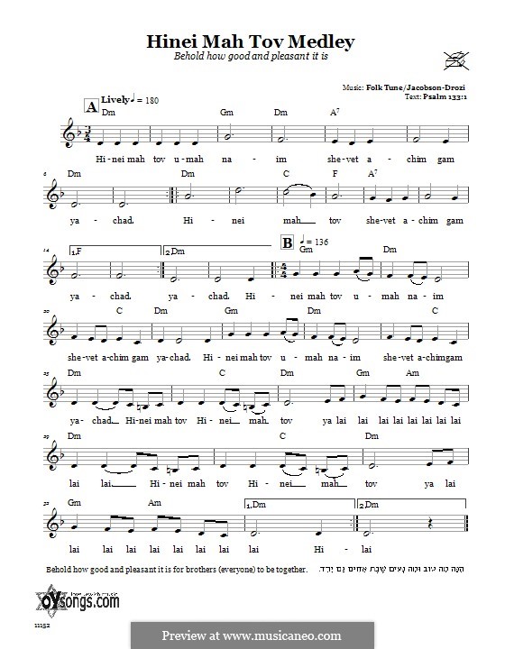 Hinei Mah Tov Medley (Behold How Good and Pleasant It Is): Lyrics and chords by folklore