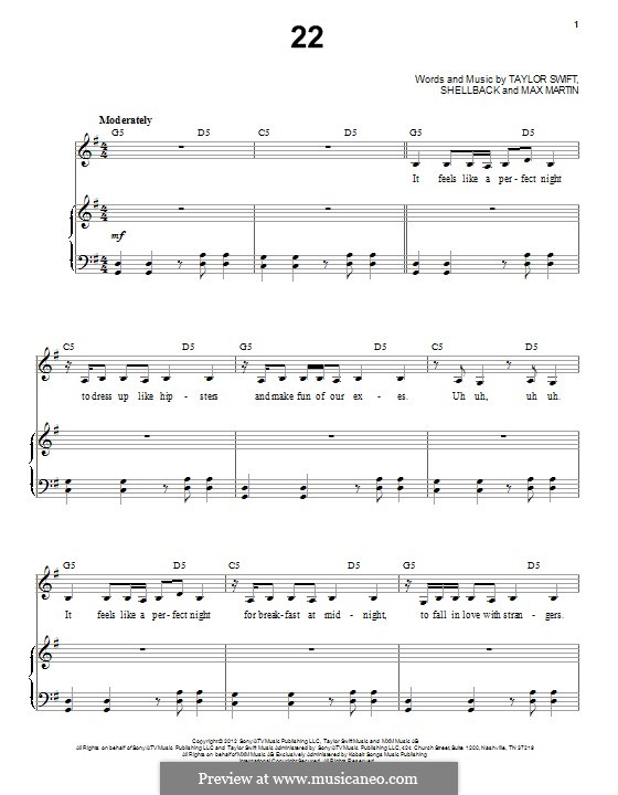 22: For voice and piano by Taylor Swift