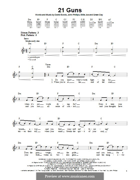 21 Guns (Green Day): For guitar with tab by Billie Joe Armstrong, David Bowie, Tré Cool, John Phillips, Michael Pritchard