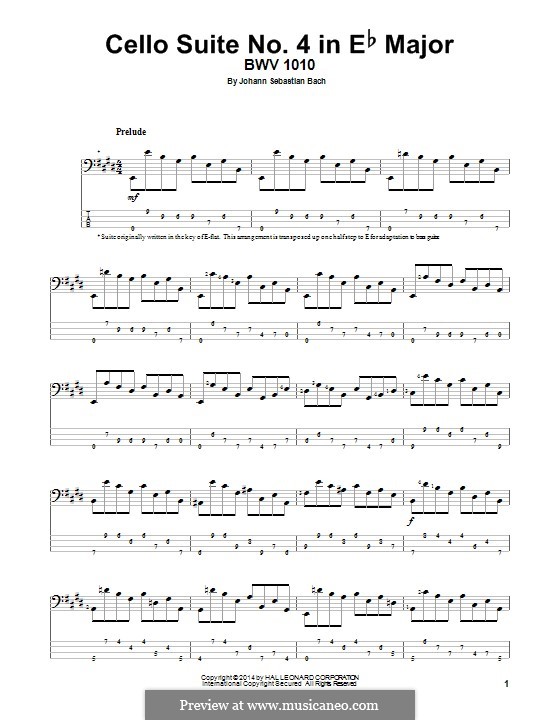 Suite for Cello No.4 in E Flat Major, BWV 1010: Arrangement for bass guitar with tab by Johann Sebastian Bach