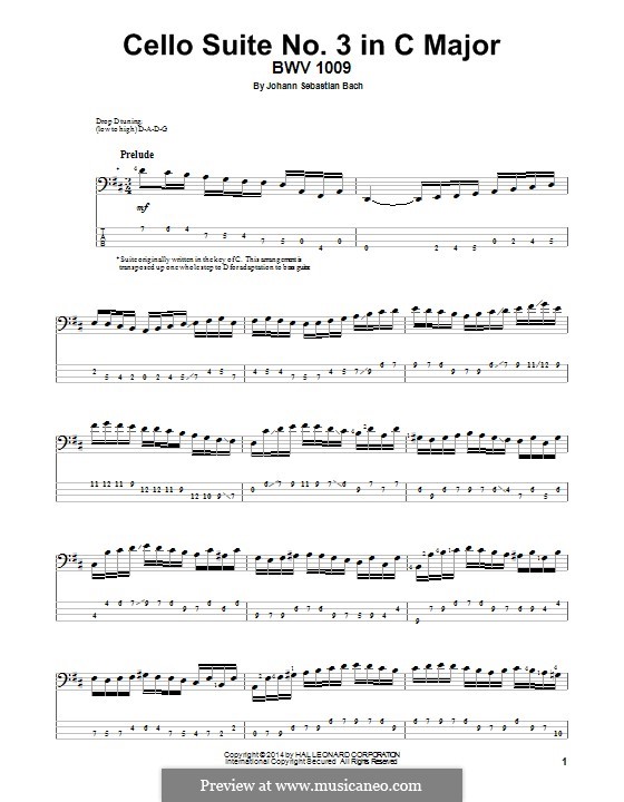 Suite for Cello No.3 in C Major, BWV 1009: Arrangement for bass guitar with tab by Johann Sebastian Bach