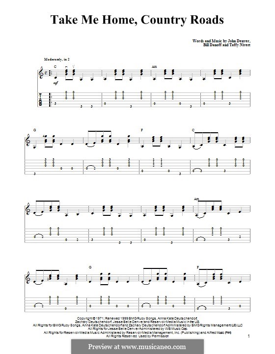 Take Me Home, Country Roads: For guitar with tab (C Major) by Bill Danoff, John Denver, Taffy Nivert