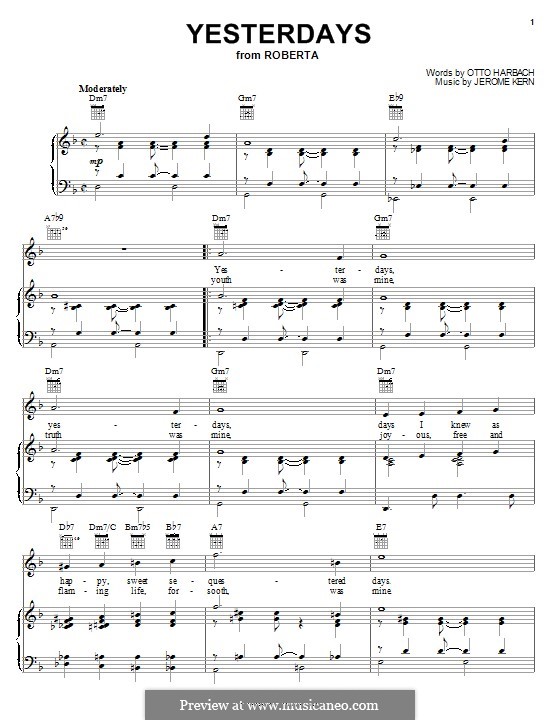 Yesterdays (from Roberta): For voice and piano or guitar (Billie Holiday) by Jerome Kern