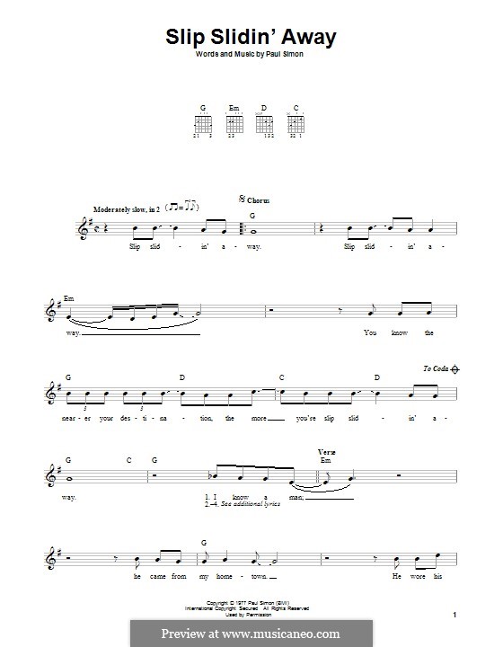 Slip Slidin' Away by P. Simon sheet music on MusicaNeo