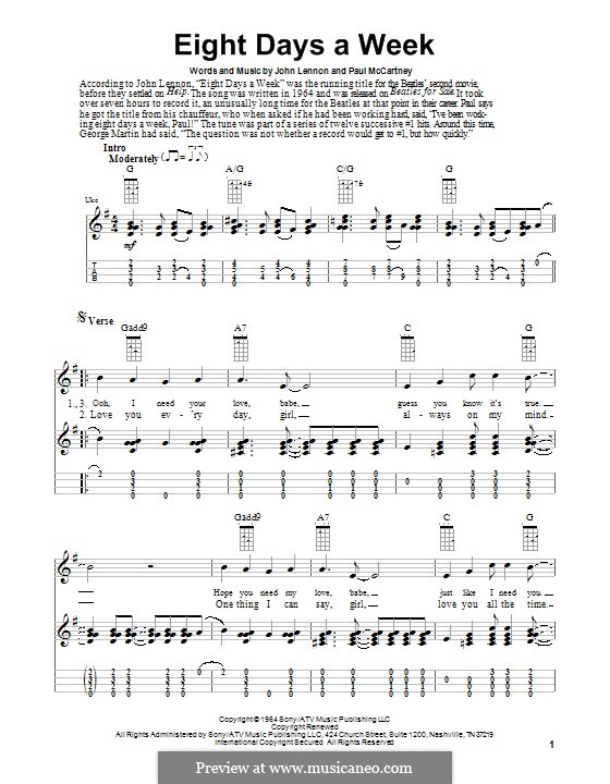 Eight Days a Week (The Beatles): For ukulele by John Lennon, Paul McCartney