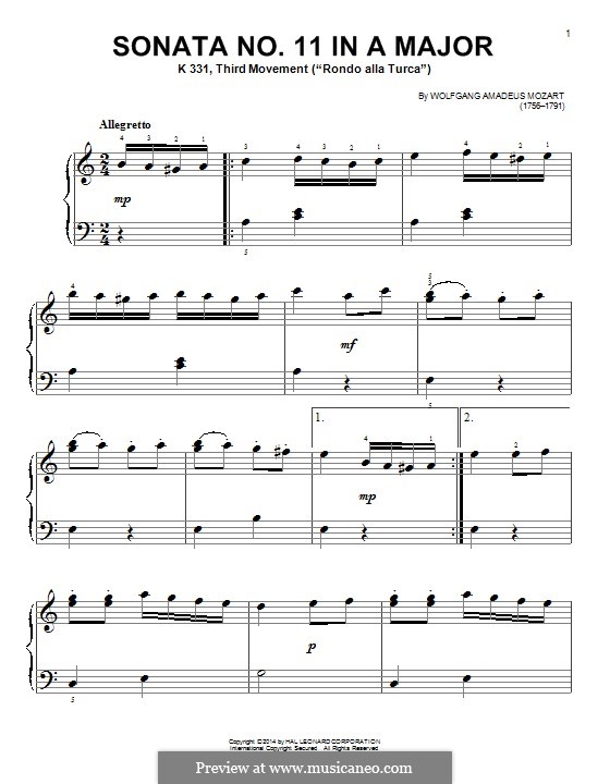 Rondo alla turca (Printable Scores): For a single performer by Wolfgang Amadeus Mozart