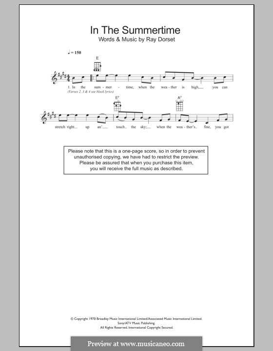 In the Summertime (Mungo Jerry): For ukulele by Ray Dorset