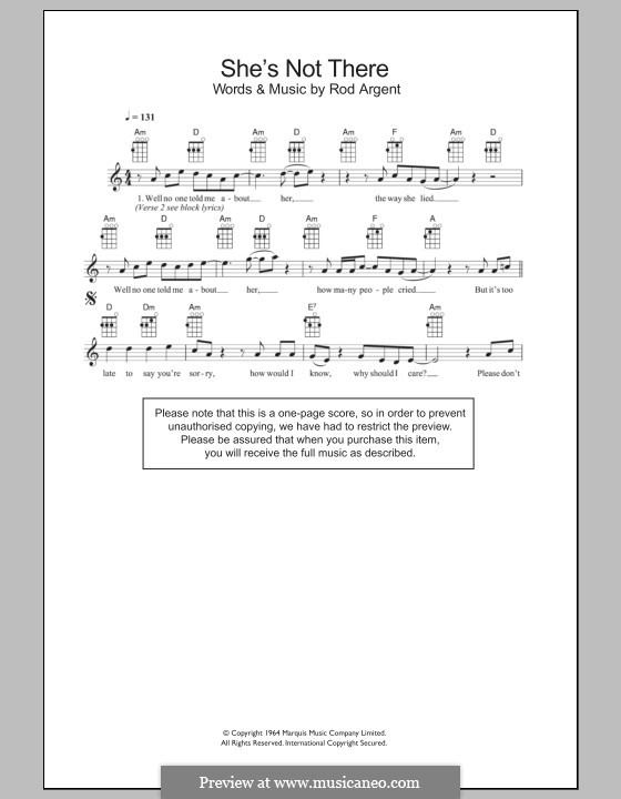 She's Not There (The Zombies) by R. Argent - sheet music on MusicaNeo