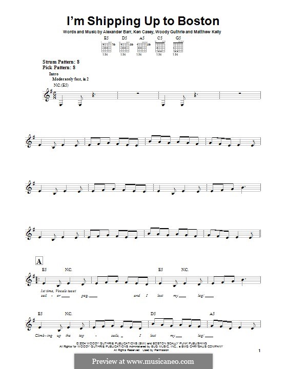 I'm Shipping Up To Boston (Dropkick Murphys): For guitar with tab by Kenneth Casey, Woody Guthrie, Alexander Martin Barr, Matthew Kelly