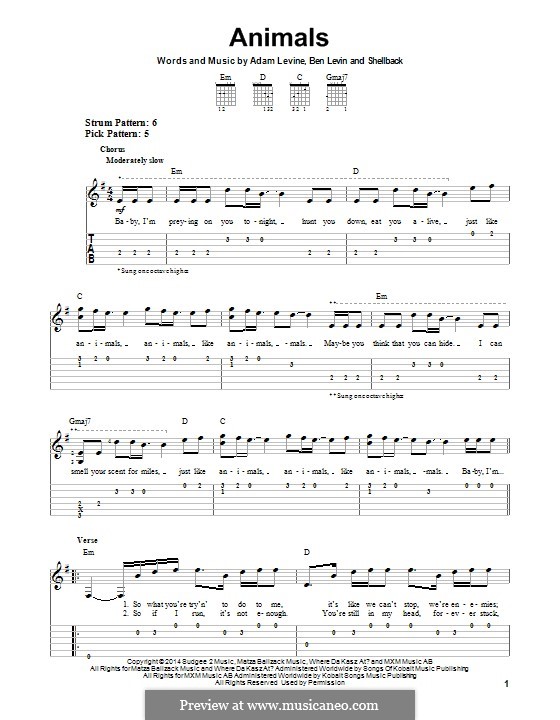 Animals (Maroon 5): For guitar with tab by Shellback, Adam Levine, Benjamin Levin