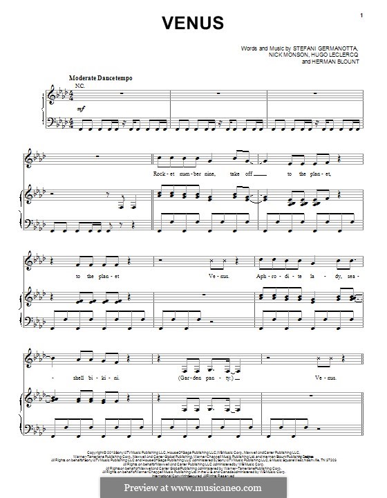 Venus (Lady Gaga): For voice and piano (or guitar) by Stefani Germanotta, Nick Monson, Hugo Leclercq, Herman Blount