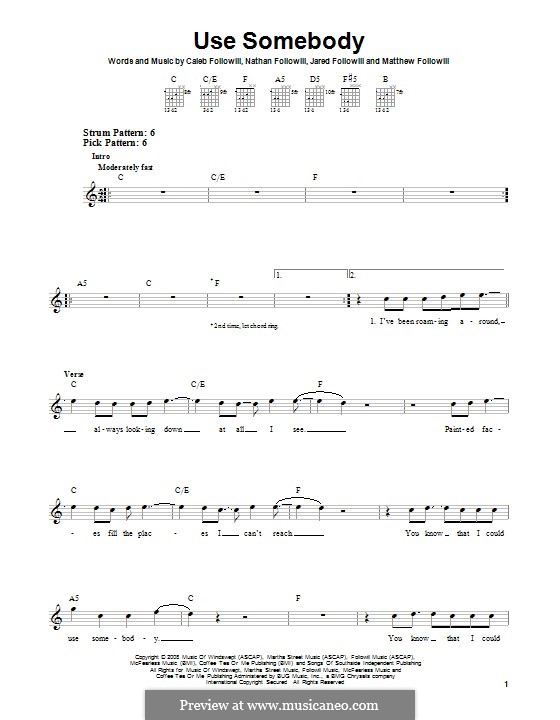 Use Somebody (Kings of Leon): For guitar with tab by Anthony Caleb Followill, Jared Followill, Matthew Followill, Nathan Followill