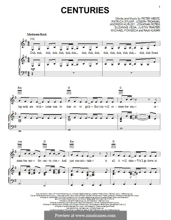 centuries fall out boy by a hurley j rotem j trohman p centuries fall out boy sheet music