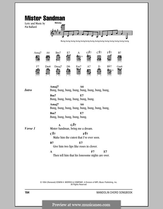Mister Sandman (The Chordettes): For mandolin by Pat Ballard