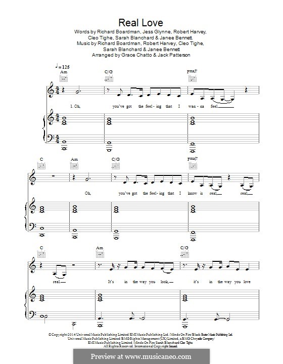 Real Love (Clean Bandit): For voice and piano (or guitar) by Richard Boardman, Sarah Blanchard, Cleo Tighe, Robert Harvey, Janee Bennett