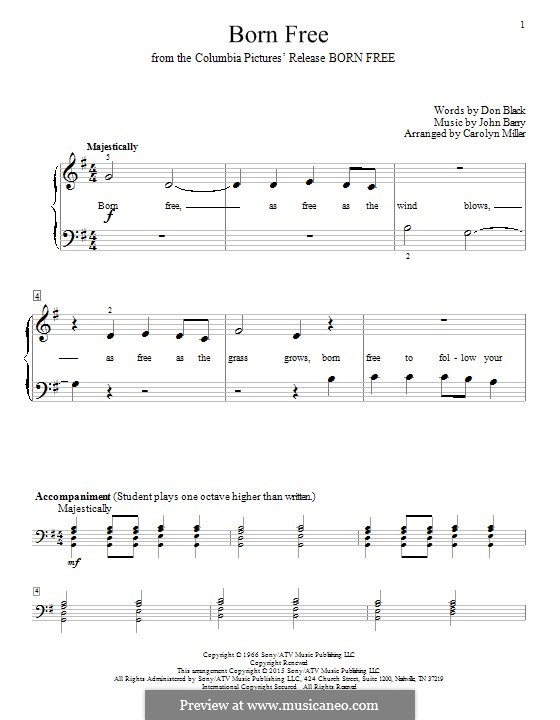Born Free (Matt Monro): For piano by John Barry