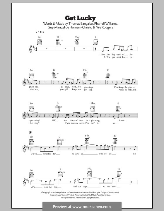 Get Lucky (Daft Punk featuring Pharrell Williams): For ukulele by Nile Rodgers, Pharrell Williams, Thomas Bangalter, Guy-Manuel de Homem-Christo