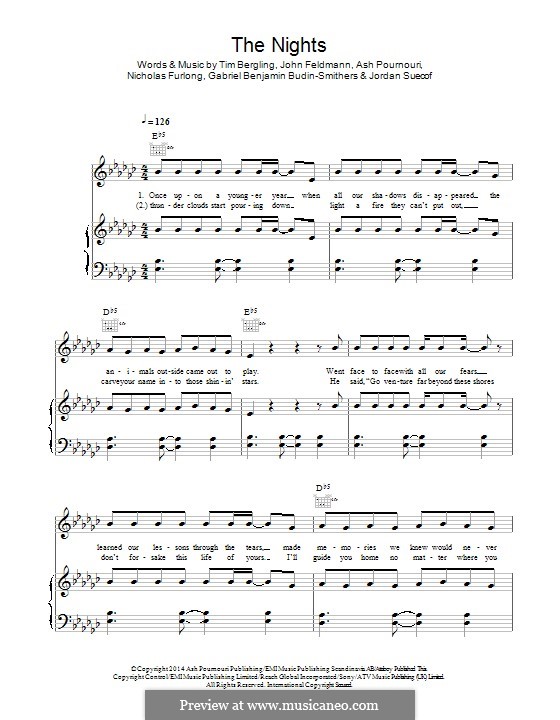 The Nights: For voice and piano (or guitar) by John Feldmann, Jordan Suecof, Avicii, Arash Andreas Pournouri, Nicholas Furlong, Gabriel Benjamin Budin-Smithers