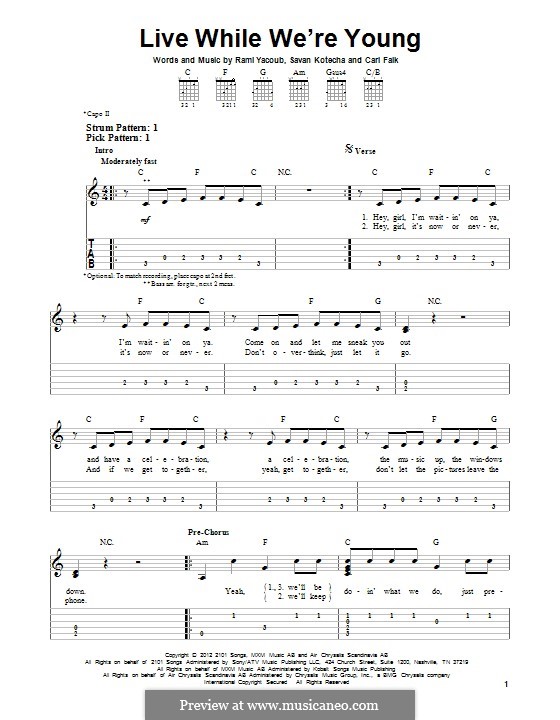 Live While We're Young (One Direction): For guitar with tab by Carl Falk, Rami Yacoub, Savan Kotecha