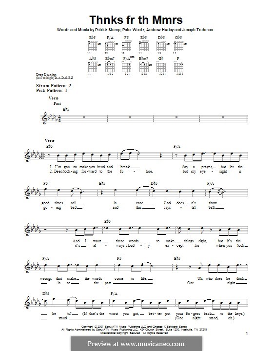 Thnks Fr Th Mmrs (Fall Out Boy): For guitar with tab by Andrew Hurley, Joseph Trohman, Patrick Stump, Peter Wentz