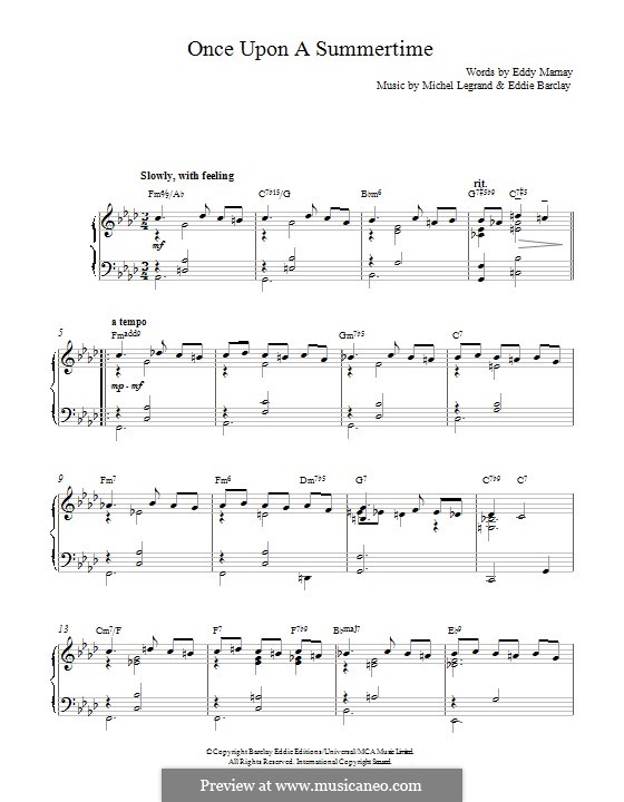 Once Upon a Summertime (Tony Bennett): For piano by Eddie Barclay, Michel Legrand