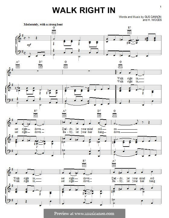 Walk Right in (The Rooftop Singers): For voice and piano (or guitar) by Gus Cannon, Harry Woods