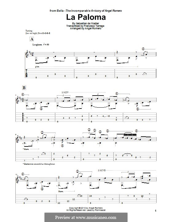 La Paloma (The Dove): For guitar by Sebastián Yradier