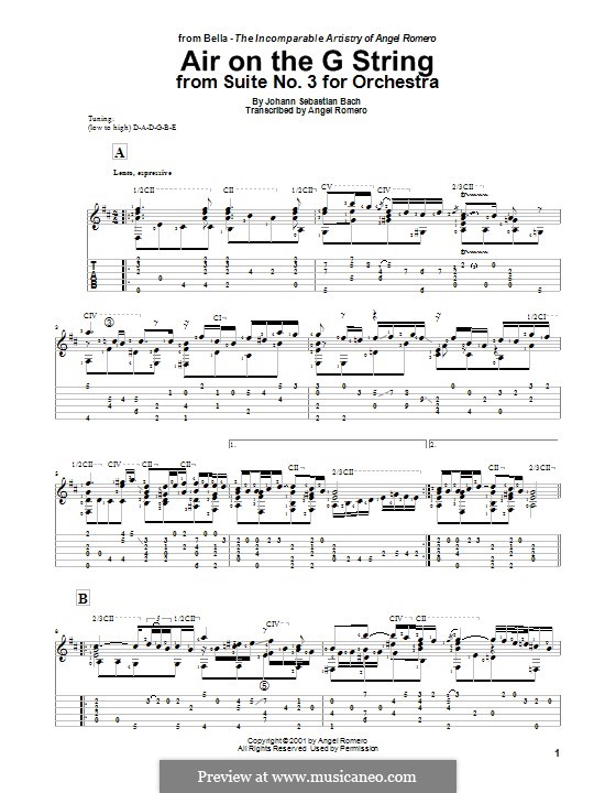 Aria (Printable Scores): Version for guitar by Johann Sebastian Bach